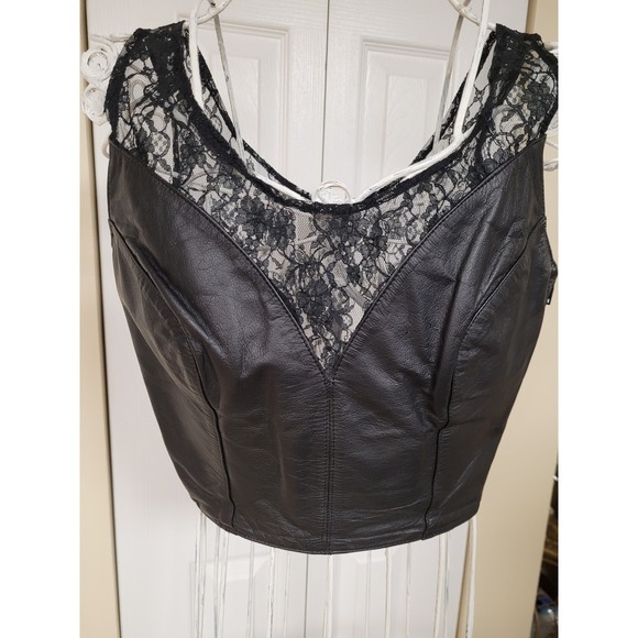 Chia Tops - Vintage Black Leather & Lace Crop Top Side Zip Bohemian Chic Goth Style Size M
